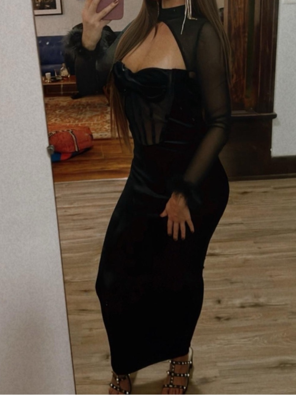 Elegant Black Mesh and Velvet Bodycon Dress